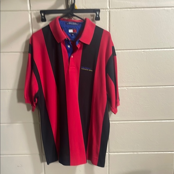 Tommy Hilfiger Other - Y2K Tommy Hilfiger Red and Black Polo Shirt with Wide Vertical Stripes